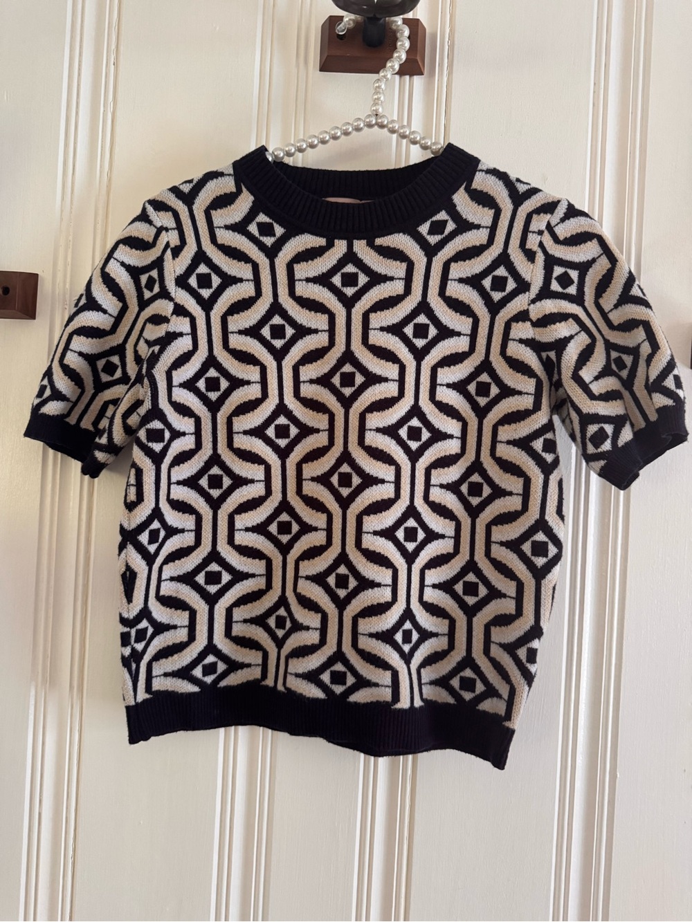 Philosophy Geometric Knit Short-Sleeve Sweater - Navy and Cream